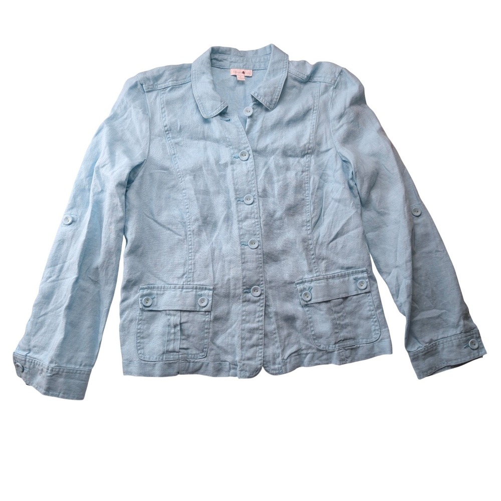 Charter Club Women Light Blue 100% Linen Roll Tab Button Front Jacket XL